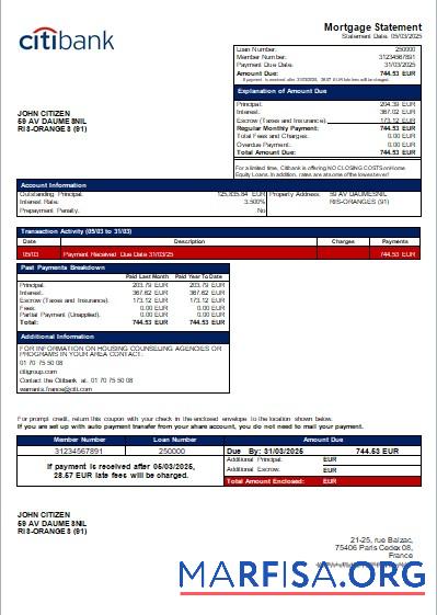 Printable France Citibank bank mortgage statement scr real example
